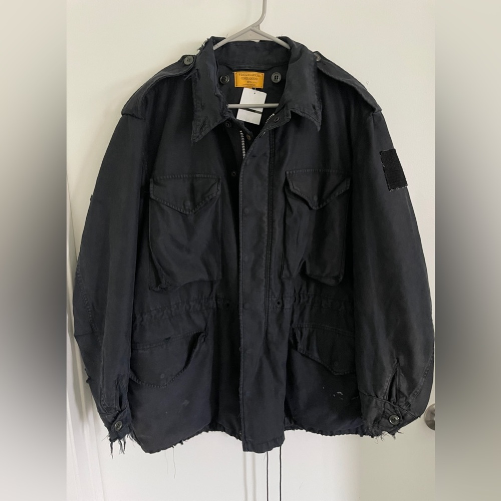 LARGE UNISEX custom Distressed WHAT GOES AROUND COMES AROUND Black M-65 Jacket